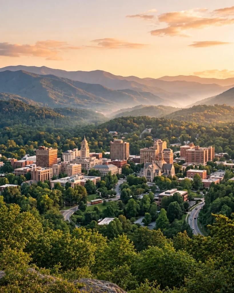 Elevated view of downtown Asheville with the Blue Ridge Mountains at golden hour