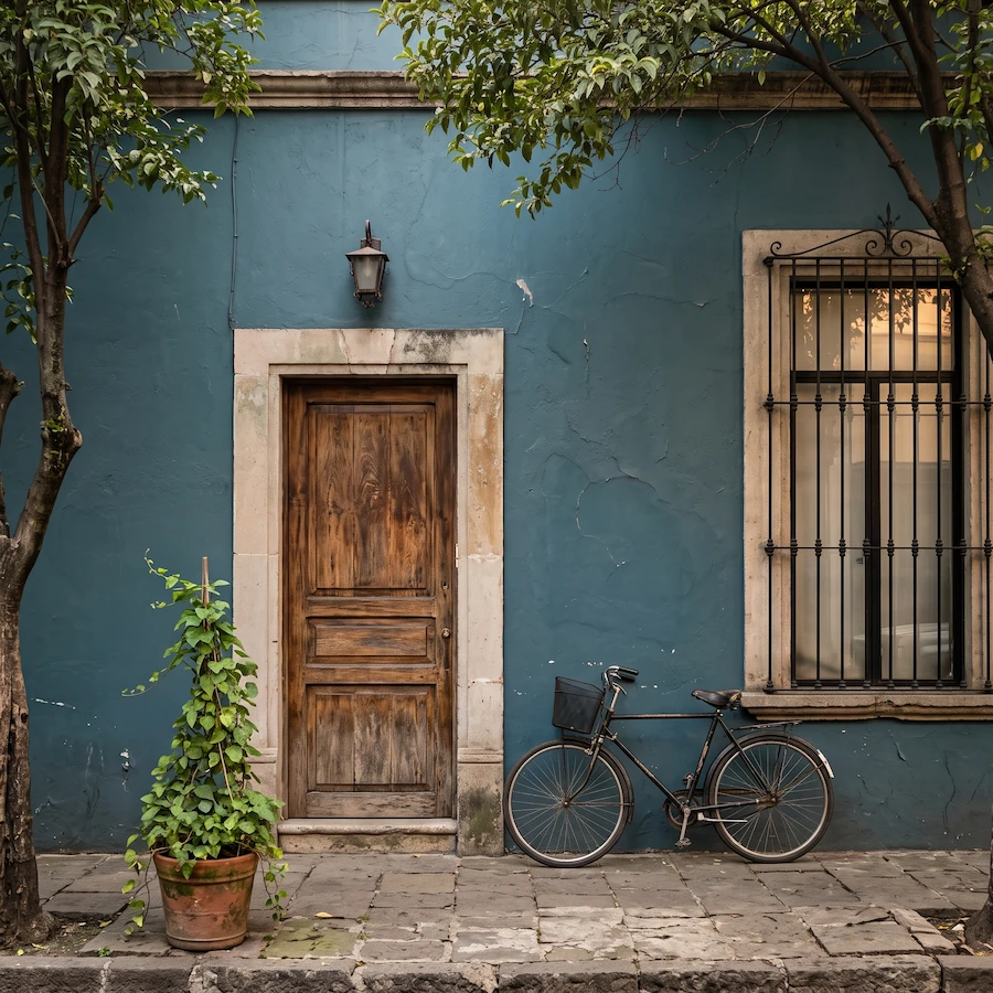 Blue residential facade in Mexico City with a weathered wooden door, barred window, bicycle, and street trees