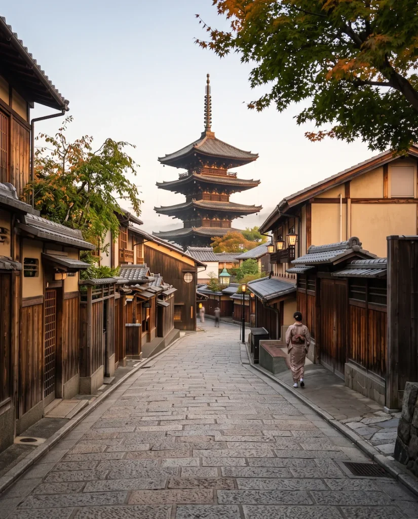 Traditional street in Kyoto's Higashiyama district with Yasaka Pagoda in the background