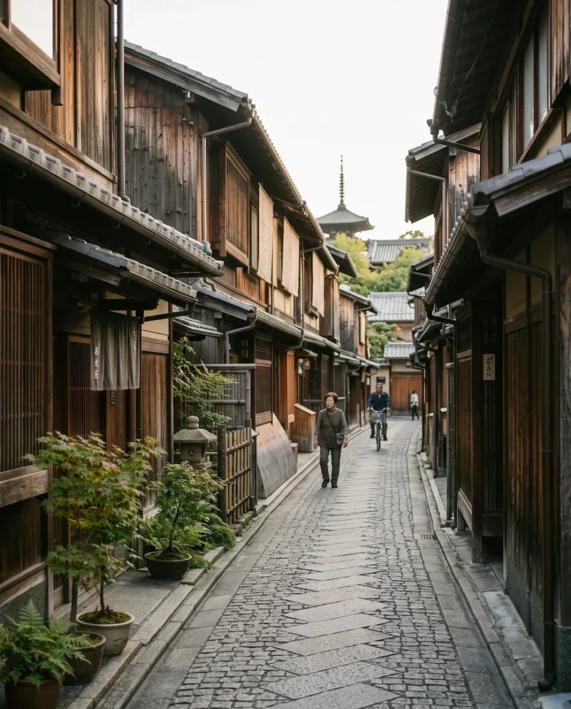 Traditional Kyoto street with wooden machiya houses, stone paving, pedestrians, and a temple roof in the distance