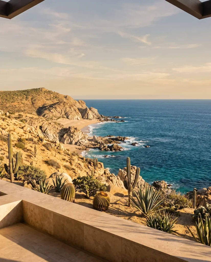 Desert coastline in Los Cabos with cacti, rocky cliffs, and deep blue ocean