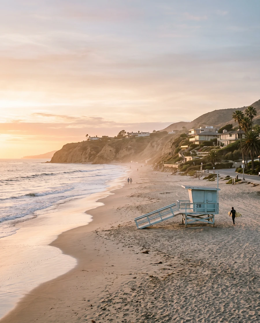 Malibu beach in California at golden hour with a lifeguard tower, surfer, coastal bluffs, and hillside homes
