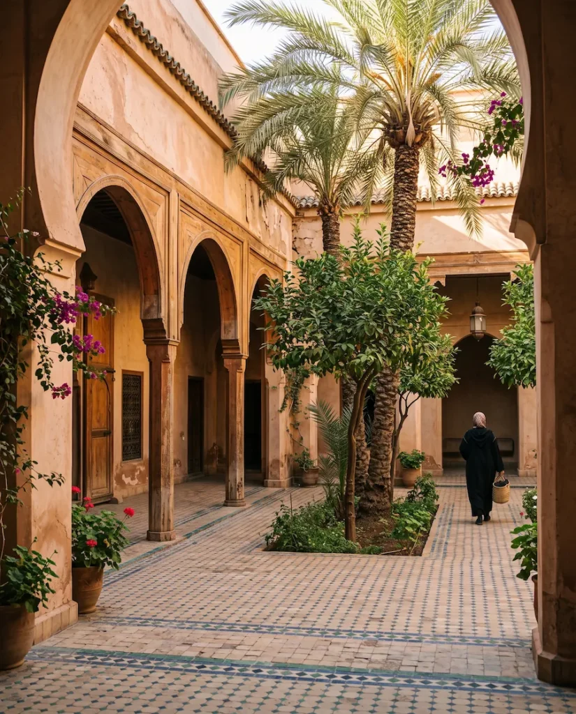 Historic Marrakech courtyard with Moroccan arches, palm trees, tiled floors, and a woman walking through the riad