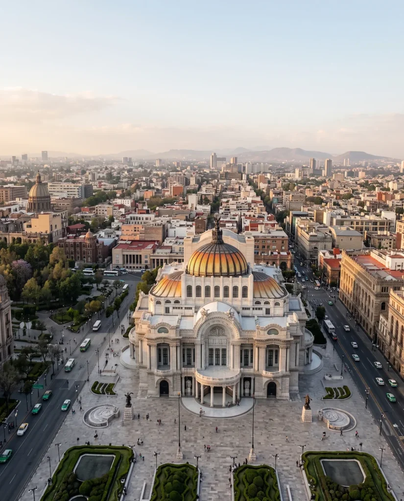 Elevated view of Palacio de Bellas Artes with the surrounding Mexico City skyline and mountains