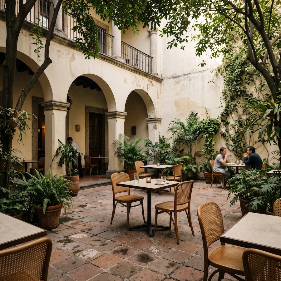Historic Mexico City courtyard café with arches, weathered plaster, lush greenery, cane chairs, and worn stone paving
