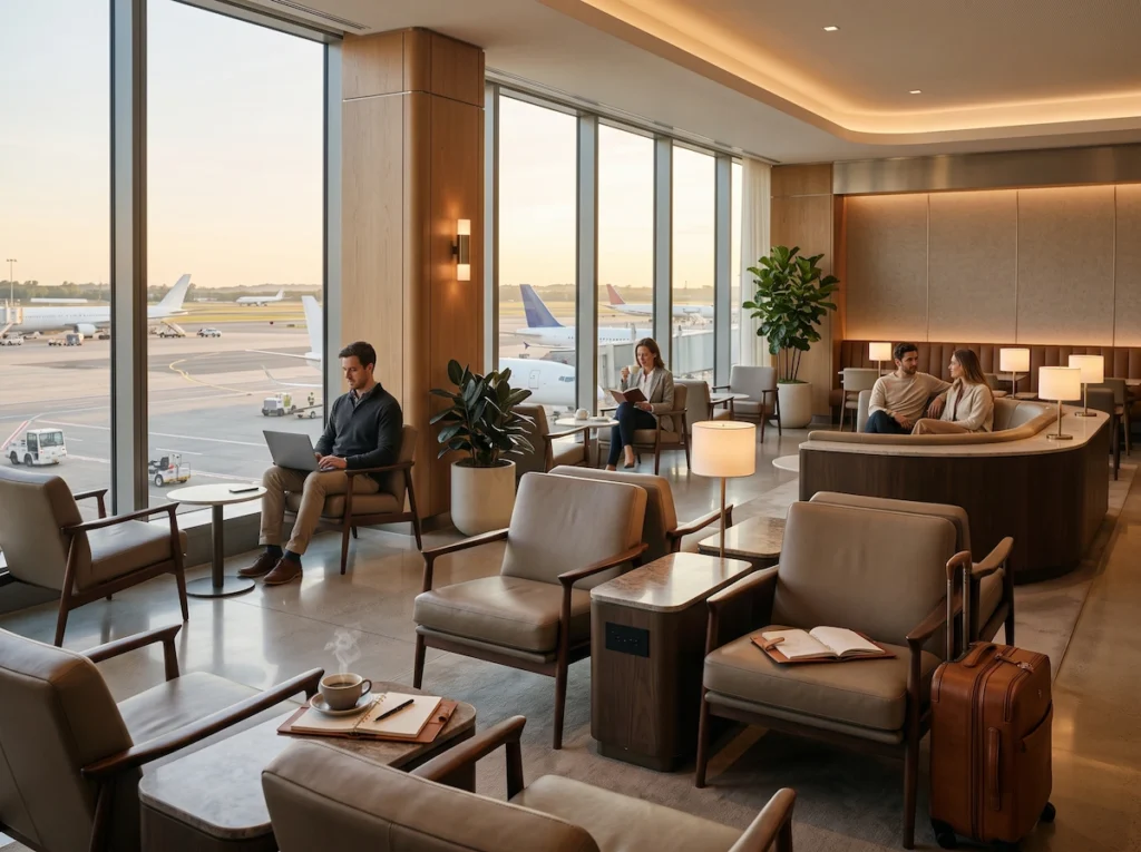 Premium airport lounge with comfortable seating, runway views and travelers relaxing before a flight
