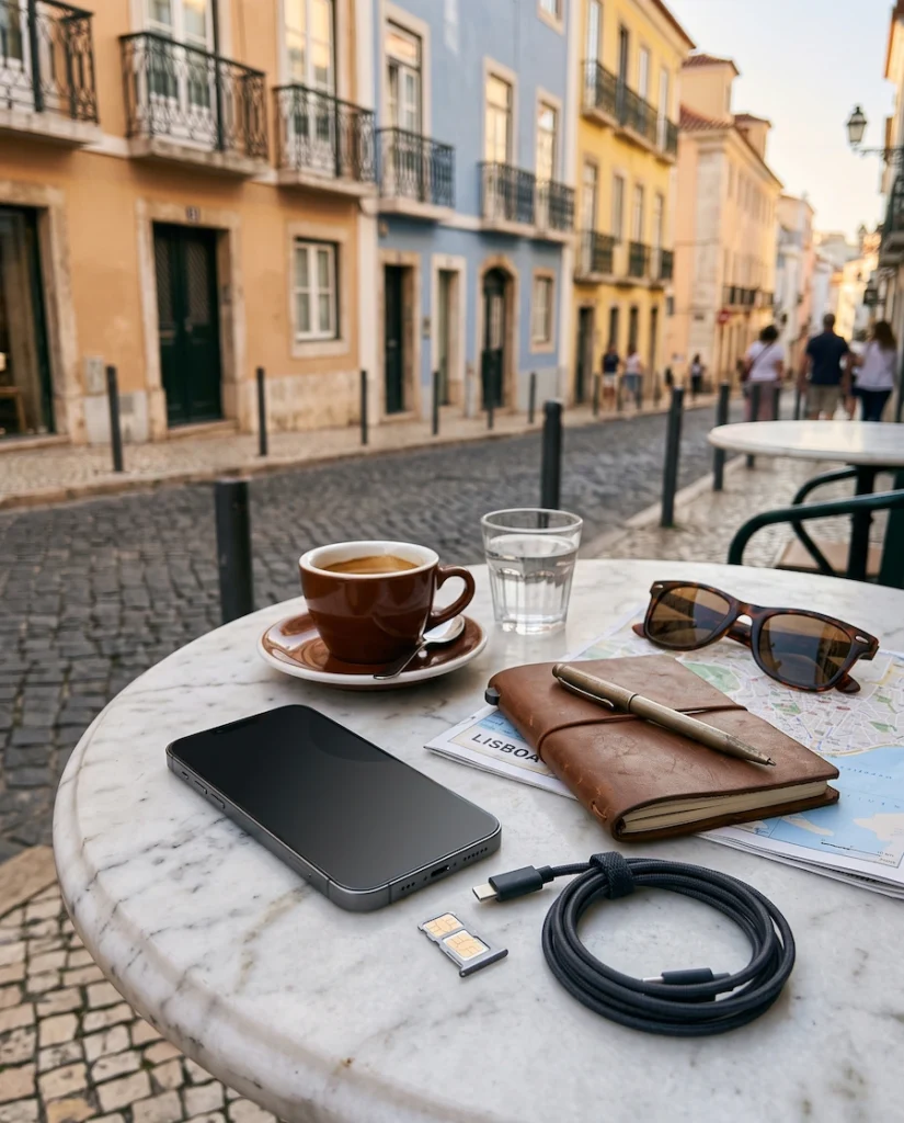 Smartphone, SIM card, charging cable and travel essentials on a Lisbon café table