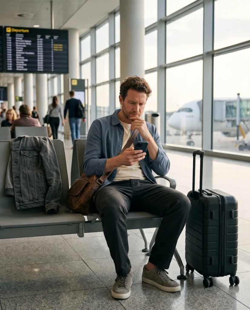 Traveler checking his phone at an airport gate with a carry-on beside him