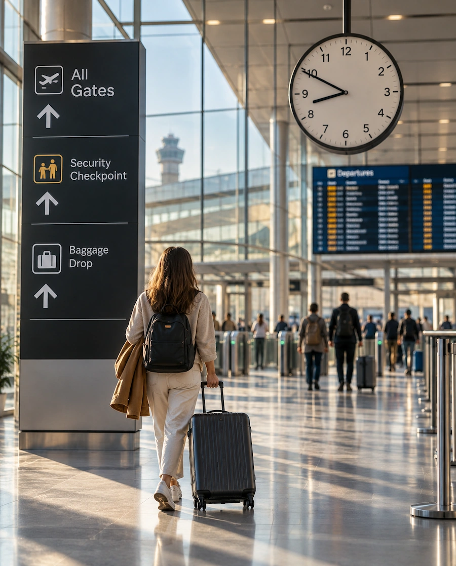 Traveler walking through an airport terminal beneath a large analog clock on the way to security
