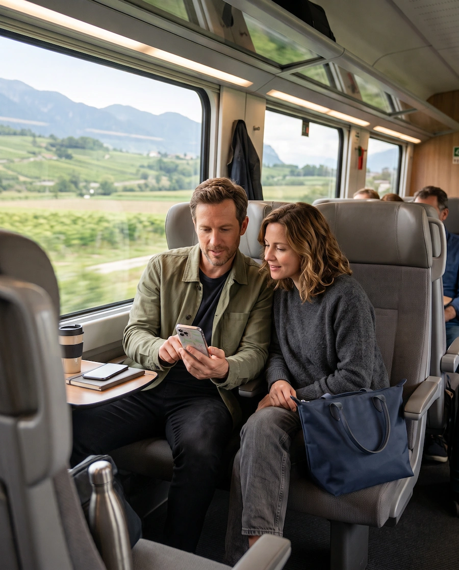 Couple checking a smartphone while traveling by train through the European countryside