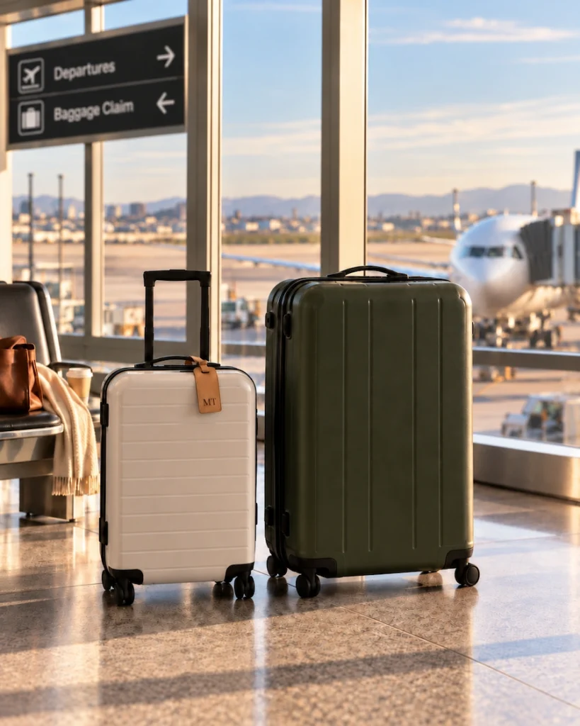 Carry-on and checked suitcase side by side in an airport terminal