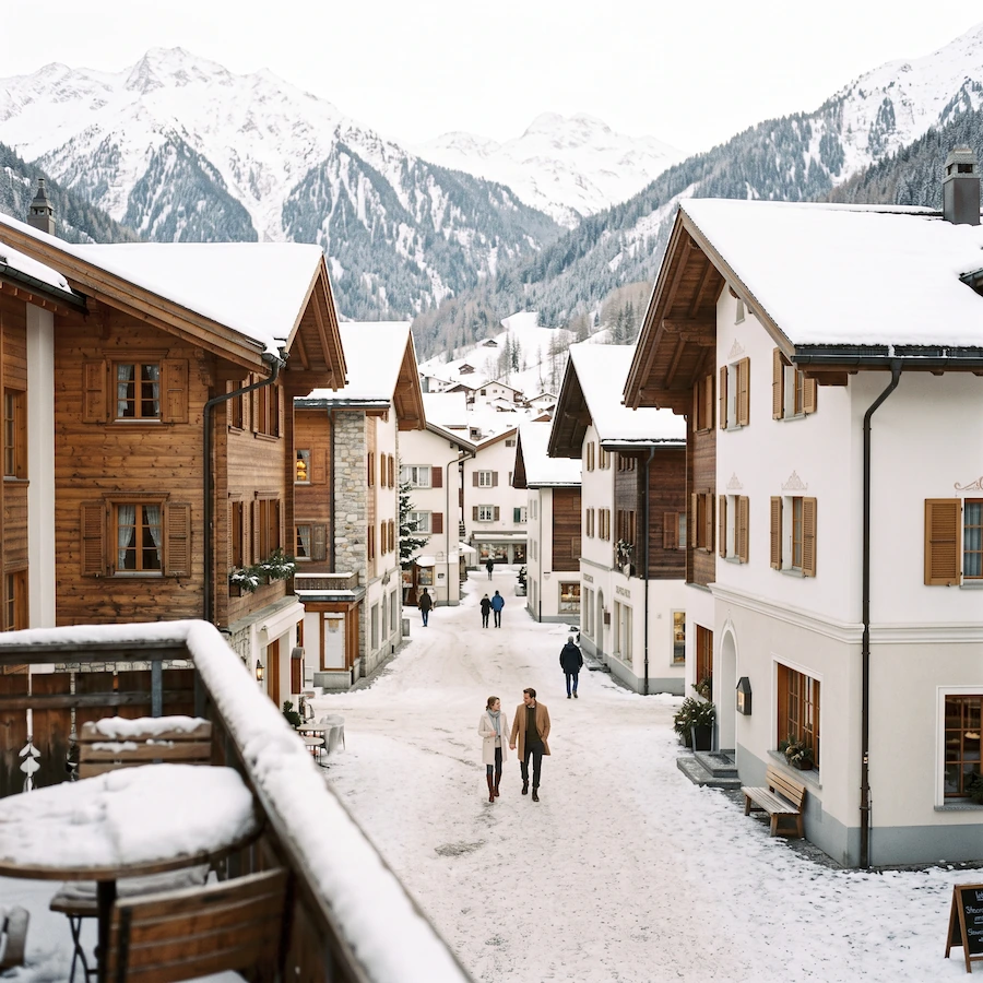 Snow-covered alpine village with travelers walking beneath mountain peaks