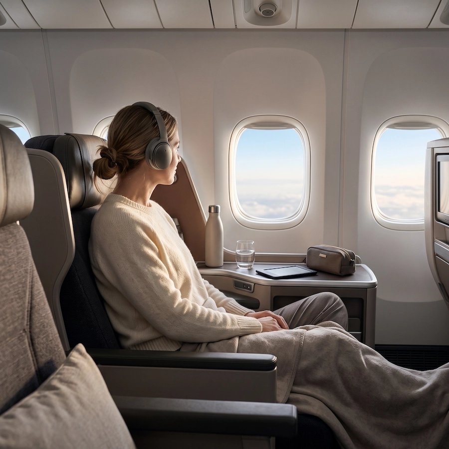 Traveler relaxing with headphones and a blanket on a long-haul flight