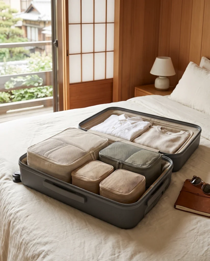 Packing cubes organized inside an open carry-on in a Kyoto hotel room