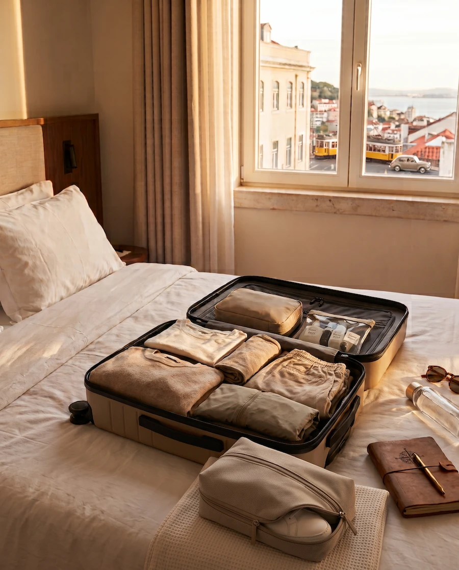 Open carry-on packed for a week in a Lisbon hotel room with shoes in a travel shoe bag