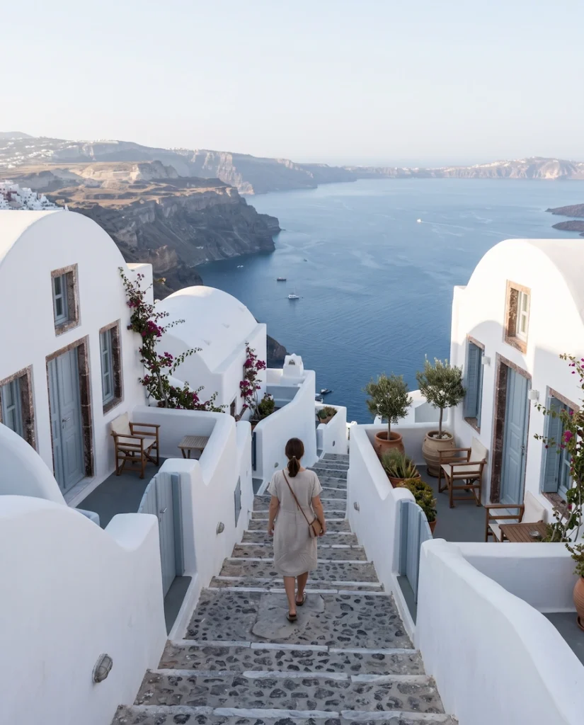 Quiet Santorini lane overlooking the caldera
