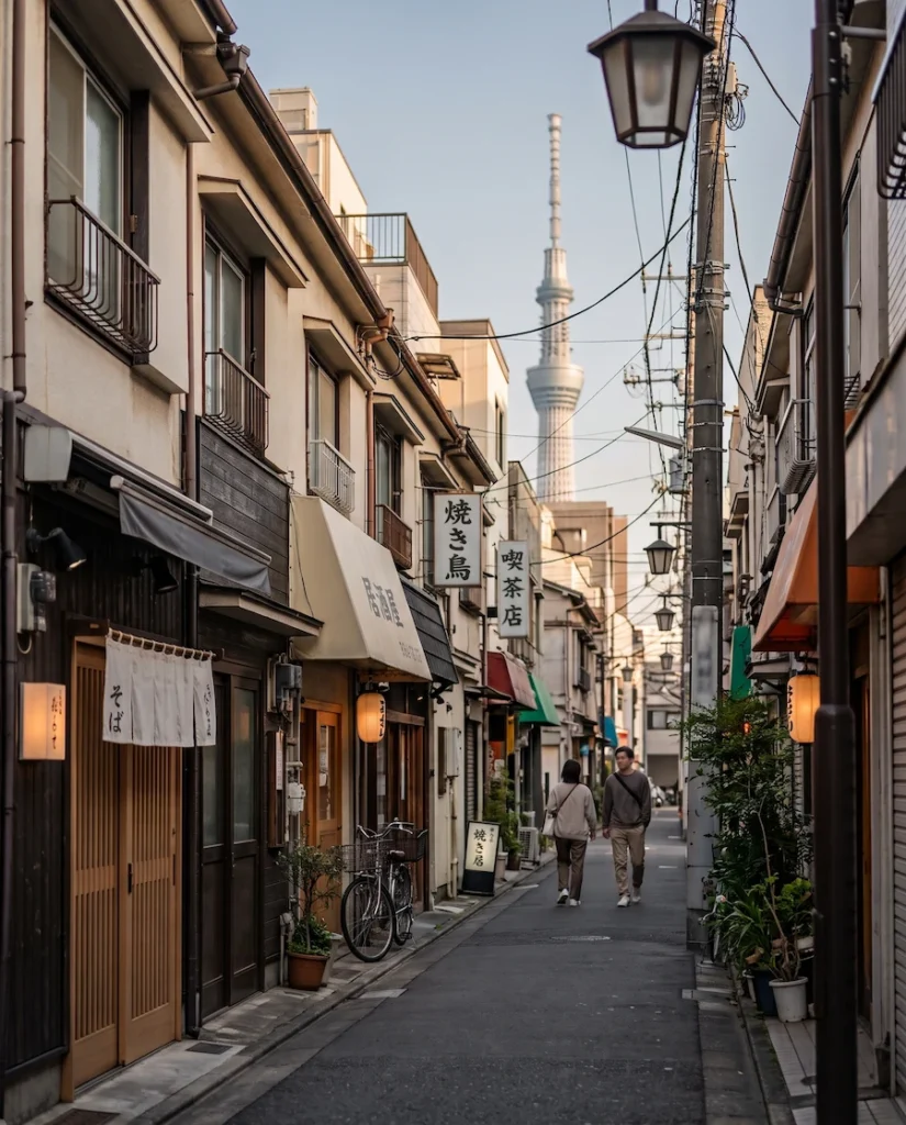 Quiet Tokyo neighborhood street with local shops and Tokyo Skytree in the distance