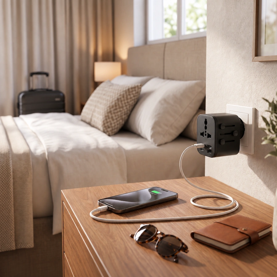 Universal travel adapter plugged into a hotel wall outlet while charging a smartphone