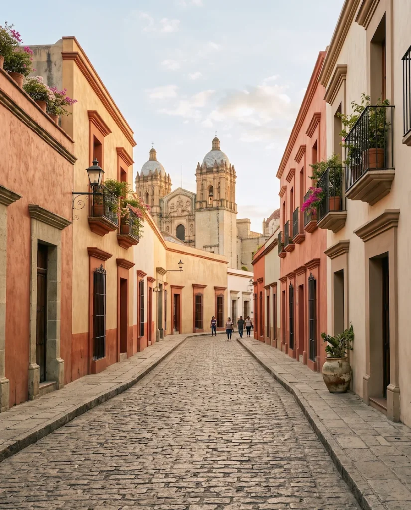 Historic street in Oaxaca City with colorful colonial facades and a cathedral in the background