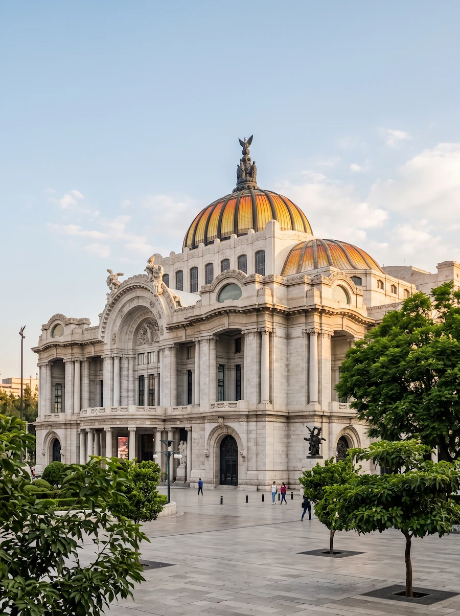 Palacio de Bellas Artes in Mexico City with its white marble facade and orange-gold dome