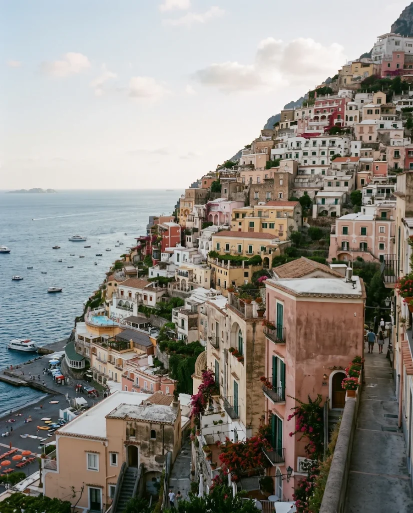 Positano on Italy’s Amalfi Coast with pastel hillside buildings overlooking the Mediterranean