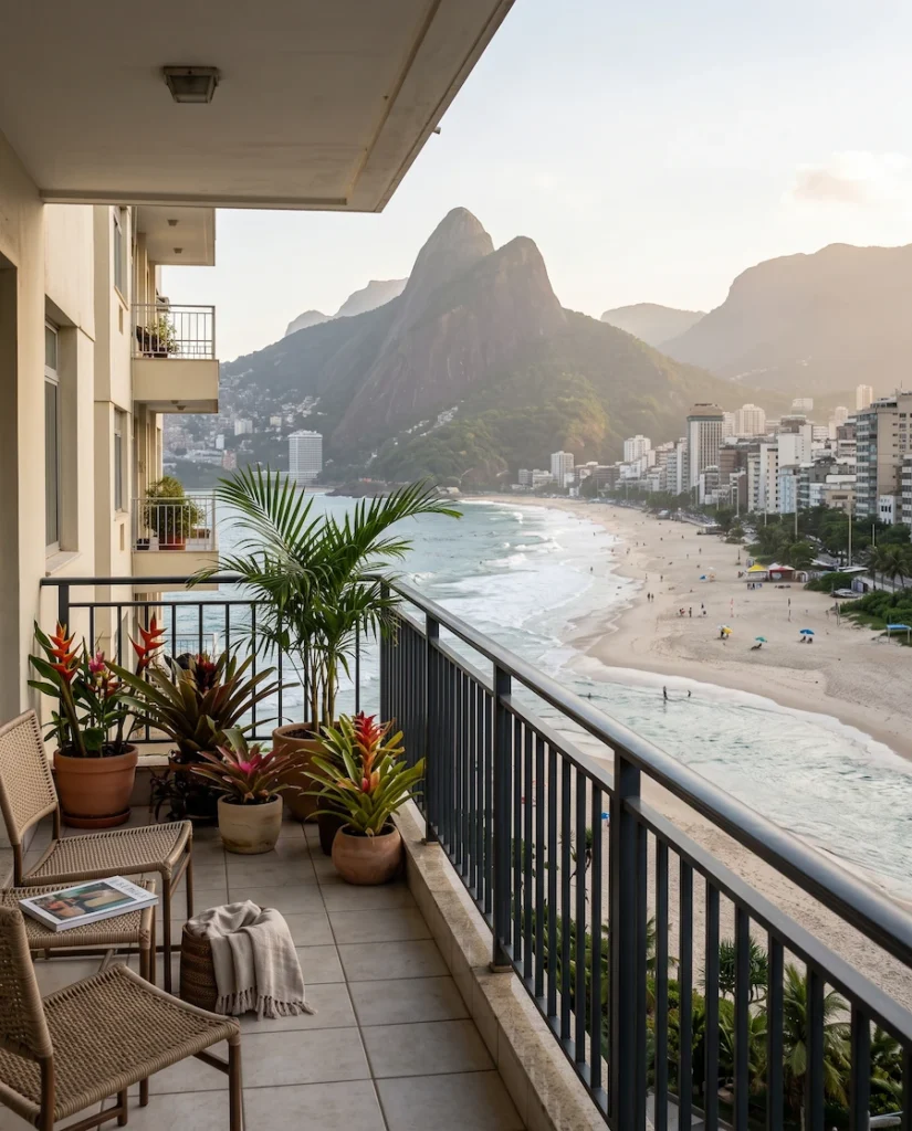 Rio de Janeiro coastline viewed from a balcony with tropical plants, beach, city buildings, and Dois Irmãos mountains