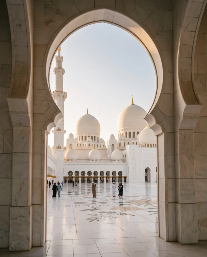Sheikh Zayed Grand Mosque in Abu Dhabi framed by white marble arches with visitors crossing the courtyard