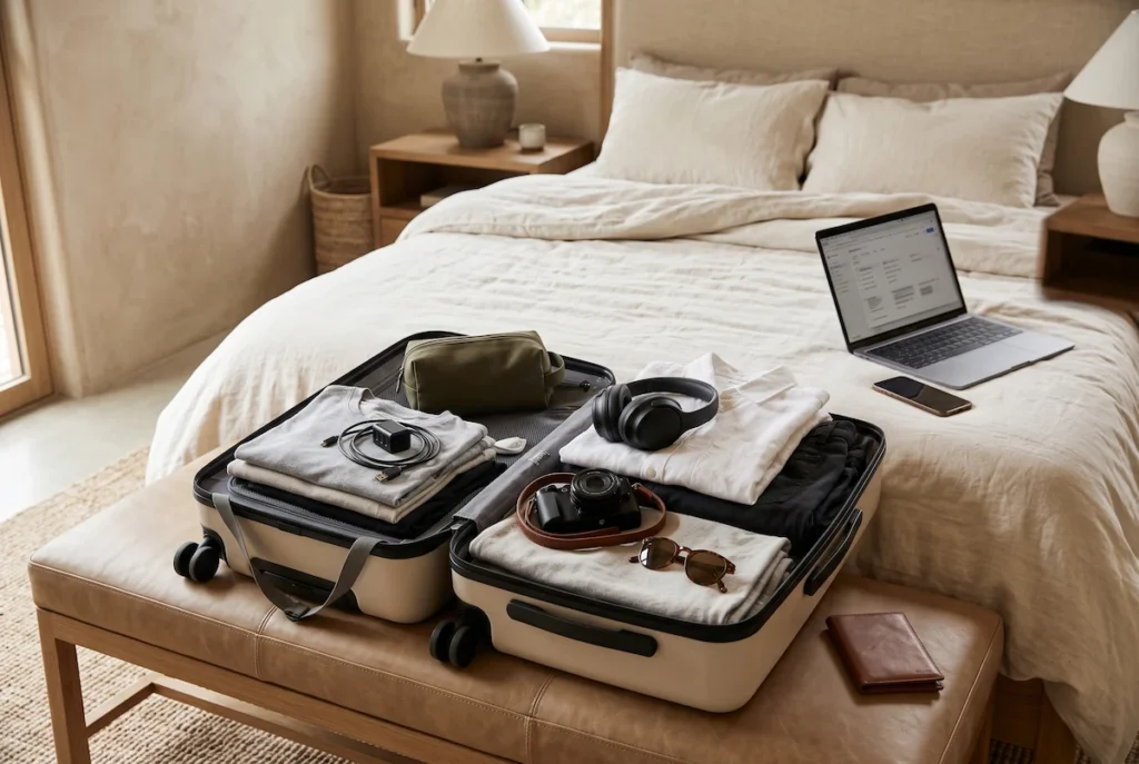 Open carry-on suitcase with travel essentials prepared for a trip