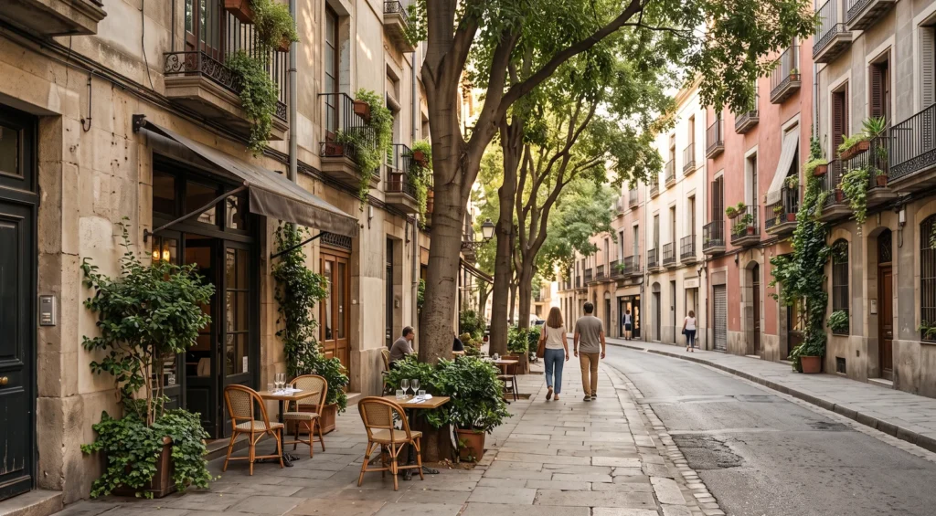 Tree-lined city street with a neighborhood café and travelers walking through a historic district