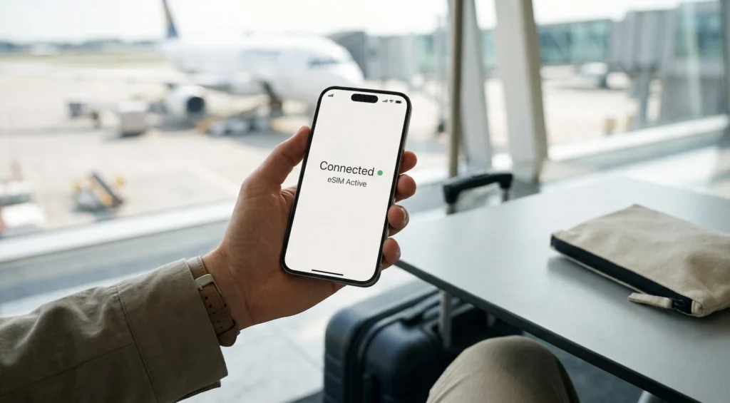 Traveler holding a phone showing an active eSIM connection at an airport