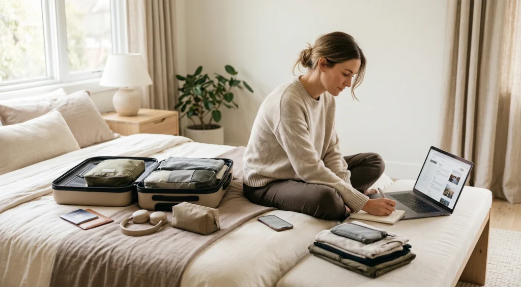 Traveler planning a trip beside an open suitcase, laptop and travel essentials
