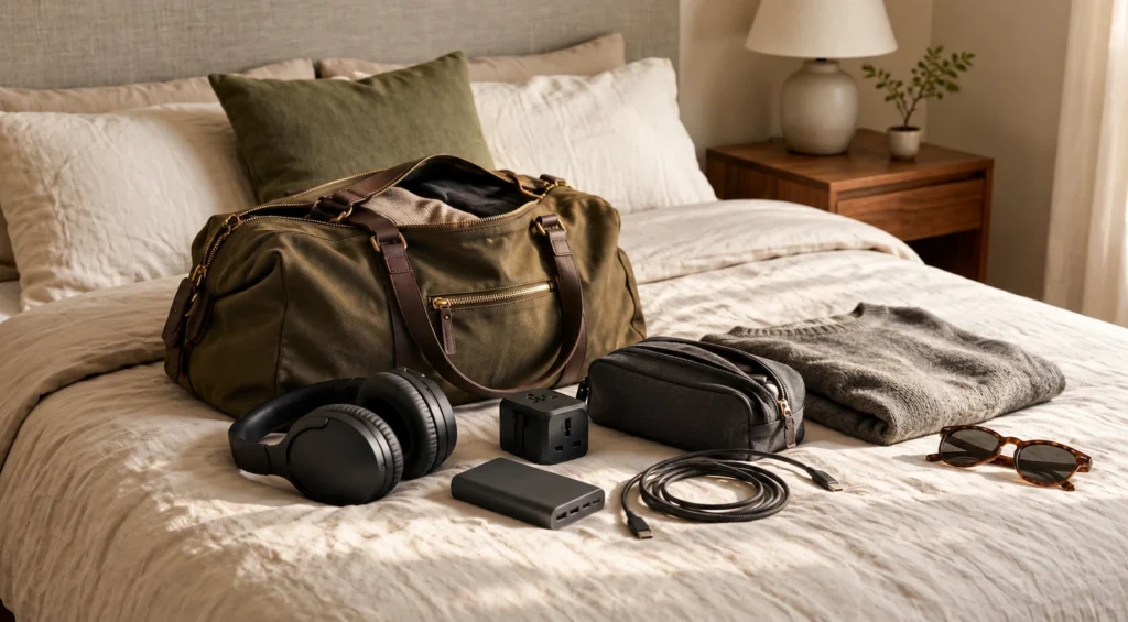 Weekender bag with headphones, power bank, travel adapter and charging gear arranged on a hotel bed