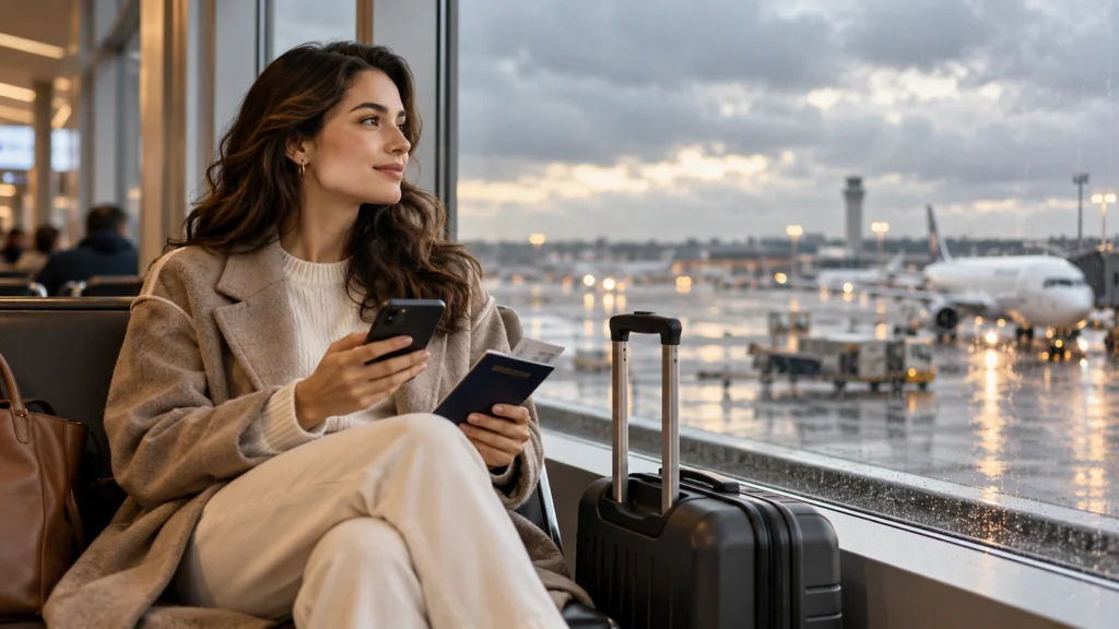 Traveler with phone, passport and carry-on waiting beside a rainy airport runway